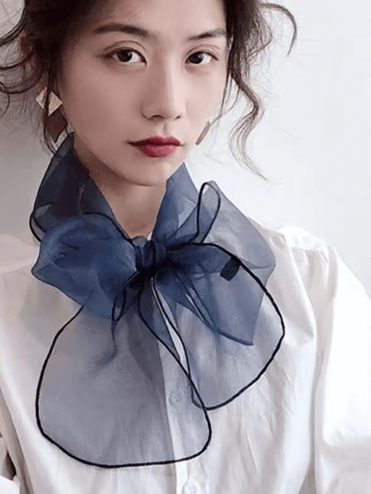 Transparent Bow Neck Scarf   Women’s Korean Female Organza Long Narrow Guard Silk Thin Gauze Sunscreen Shawl Scarves Womens Summer Headscarf #P32 for woman headscarves headwear in Dark blue