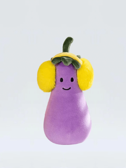 Aubergine Plush Doll   Cute Creative Cartoon Characters Aubergine eggplant Fruit And Vegetable Food plush stuffed dolls Toys gifts Home Bedroom Decorations Girl Jelly Cat gifting in purple with yellow earmuffs