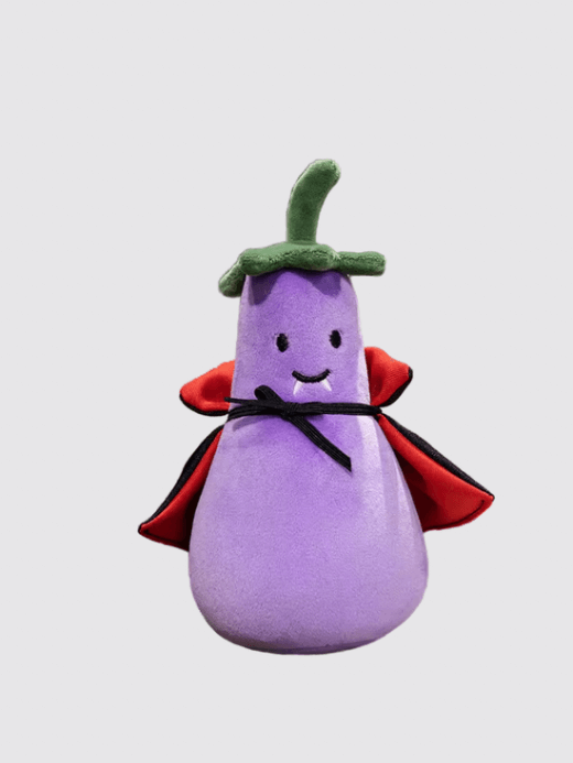 Count Aubergine Plush Doll   Cute Creative Cartoon Characters Aubergine eggplant Fruit And Vegetable Food plush stuffed dolls Toys gifts Home Bedroom Halloween costume Decorations Girl Jelly Cat gifting in purple with black cape