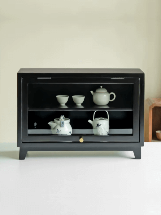 Pine Display Cabinet     New Zealand Square Window, Solid Wood Storage Minimalist Tea ceremony storage accessory Edge Cabinets in black