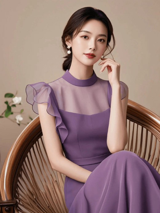 Ruffle Midi Dress Women’s ladies simplicity elegant ruffled patchwork chiffon sexy semi-transparent sleeveless dresses for woman in lilac purple  Womens petite-, tall-, plus-, Spring Summer fashionable clothes