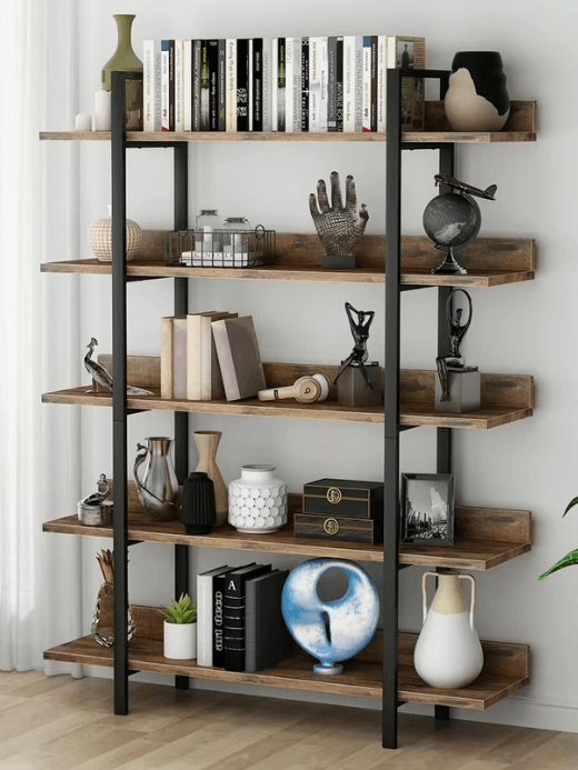 Bookshelf Storage Rack Standing Shelf 5 Tier Industrial Sturdy Bookshelves with Iron Pipe Frame racks  Home office furniture in brown with black