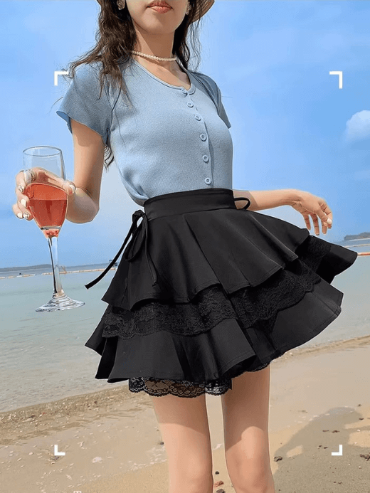 Lace Splicing Ballet Cake Fluffy Ruffled Skirt Sense Of Design Versatile High Waisted A Line Short ruffles mini Skirts for Woman in black Womens Spring Summer getaway holiday vacation fashion