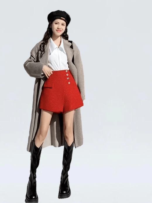 High Rise Mini Skort Shorts Skirt Women’s Fashion Front Love Metal Buttons Tweed Shorts for woman Vintage High Waist Woolen Casual Female Short Pants with flap pocket Womens Clothes petite-, tall-, plus-, size mini skirts in red