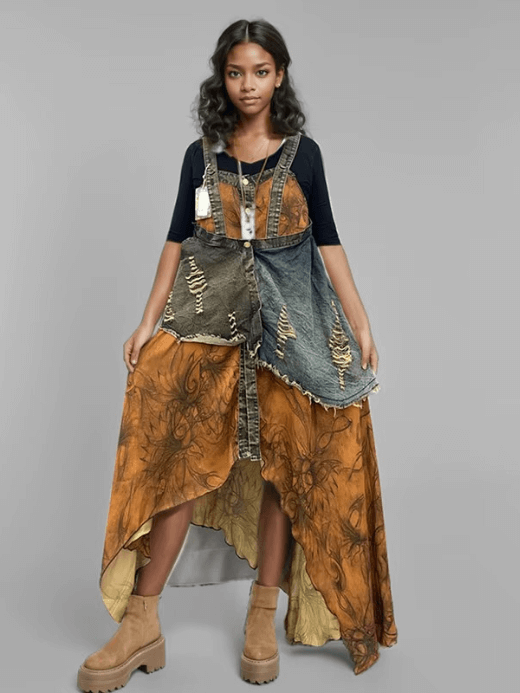 Uluru Patchwork Denim Sling Dress Women’s Vintage Women's Patchwork Denim Design irregular hem sleeveless overall romper dungarees sling dresses in brown blue multi color Female womens Spring Summer Fall Autumn petite-, tall-, plus-, size Design distressed jumpsuit Fashion #1LS868