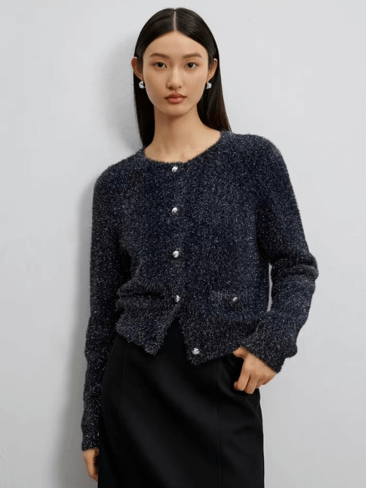 Women’s Soft Elegant Miss Rich Sle Open Cardigan Loose Long Sleeves Knitted round crew -neck Sweater for woman in black Fashionable Commute office wfh workwear cardigans sweaters Womens petite-, tall-, plus-, size Winter fashion
