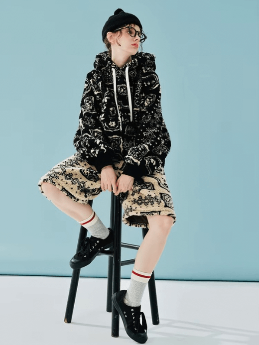 Mausoleum Fleece Hoodie black  Women’s Japanese luxurious lamb-fleece thick and warm loose drawcord hooded long sleeves kanga pouch sweaters for woman hoodies Fall Autumn Winter Spring ethic geo-pattern design sweatshirts fashion the miteigi Ultra LUX collection #244890