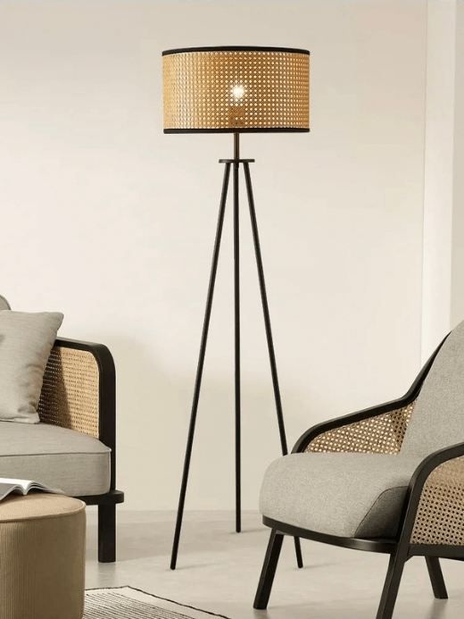 Retro Scandinavian Tripod LED Floor Lamps Remote Dimmable Living Room Study Bedroom Bedside Standing Lights Home Decor lighting in black brown Norway Scandinavia Norwegian Nordic wicker style furniture