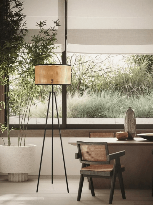 Retro Scandinavian Tripod LED Floor Lamps Remote Dimmable Living Room Study Bedroom Bedside Standing Lights Home Decor lighting in black brown Norway Scandinavia Norwegian Nordic wicker style furniture