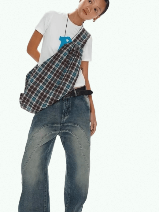 Men's Women’s Unisex Jacquard blue plaid one-shoulder messenger bag for man woman in plaid checkered blue, green brown Genflex travel fashion casual bag large-capacity travel sports Gender neutral storage Saddle bags