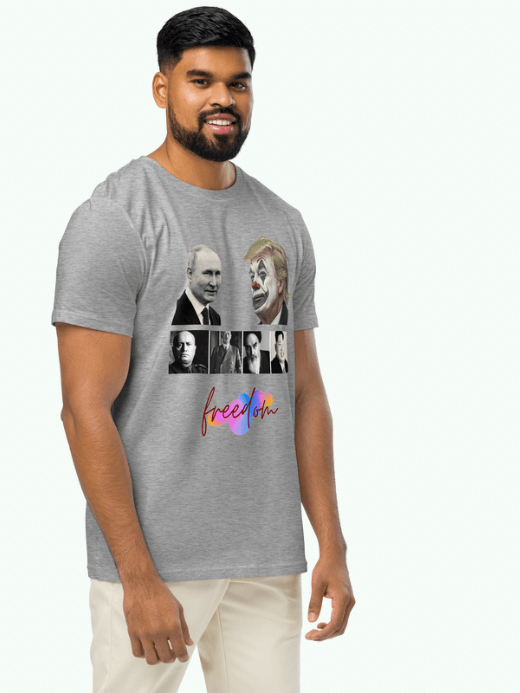miteigi x Stanley/Stella Crewneck T-Shirt T-Shirt Genflex unisex Women’s Men’s anywear petite-, tall-, plus-, size crew neck athletic round o-neck patchwork half length sleeves Benito Mussolini Ayatollah Ali Khamenei Adolf Hitler Kim Jong Un Vladimir Putin Donald Trump DT clowns character logo raglan T-shirts for woman man with Dictators print design womens mens crewneck tees Genderful tops in Heather Gray