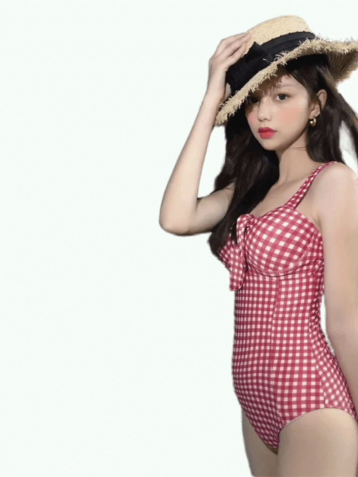 Women’s Sexy Bandeau One Piece Swimsuit plaid swimwear for woman in red with white Womens checkered push up Monokini padded swim suit with bow tall-, plus-, size Trikini bathing Suits Korea Style #DF-7516