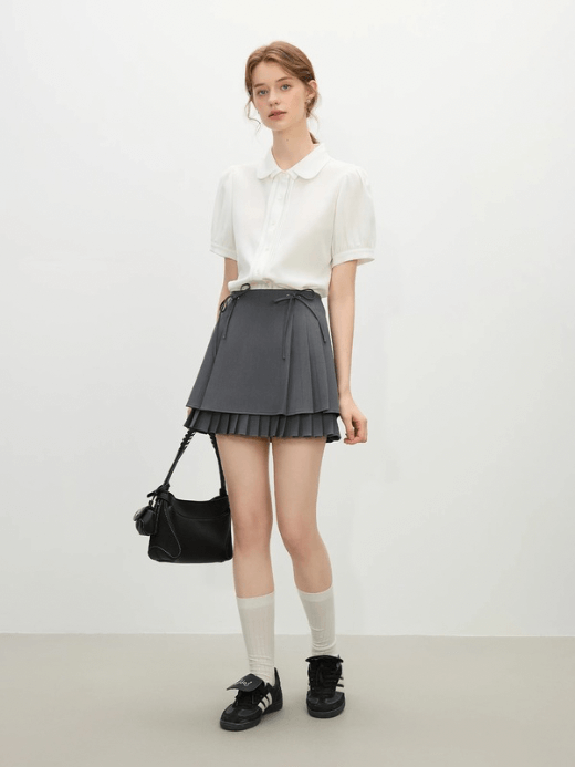 Women’s Minimalism Style Sweet Bow Tie A-line Pleated Short Skirt for Women Summer Short Grey Chic Skirts for Woman in Gray Womens mini skirt fashion #25FS12072