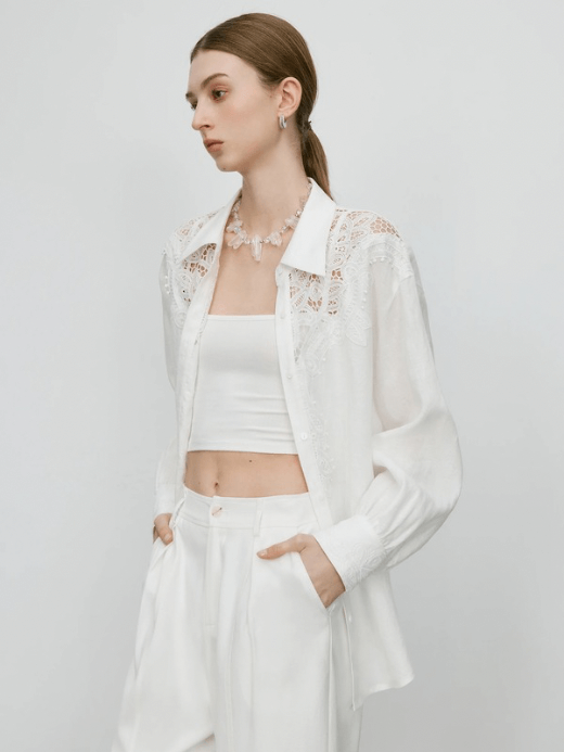 Women’s The Tropics Minimalist Style Linen Lace Long-sleeves button-up turn-down point collar Shirt for woman in white Womens Summer New Chic Soft Embroidered Shirts #25FE12006