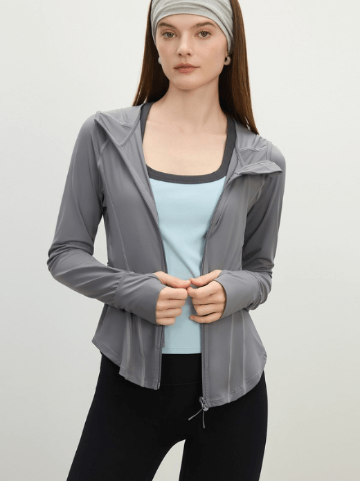 Women’s UPF50+ Cool Slim Wide-waisted Hooded Sun Protection long sleeves zipper close zip-up side pockets outwear Clothing Summer Sports Cycling Anti-UV Tops Thin Coat Jacket for woman in Gray grey Womens fitness sportswear activewear Vacation holiday getaway beachwear outerwear #25FS12388