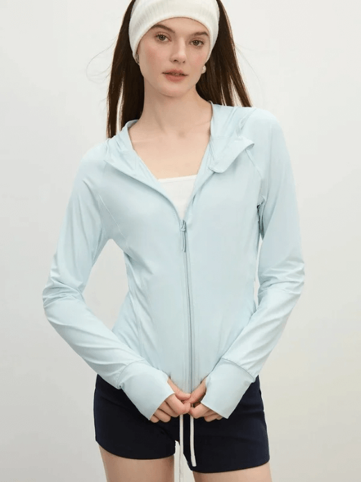 Women’s UPF50+ Cool Slim Wide-waisted Hooded Sun Protection long sleeves zipper close zip-up side pockets outwear Clothing Summer Sports Cycling Anti-UV Tops Thin Coat Jacket for woman in light sky blue Womens fitness sportswear activewear Vacation holiday getaway beachwear outerwear #25FS12388