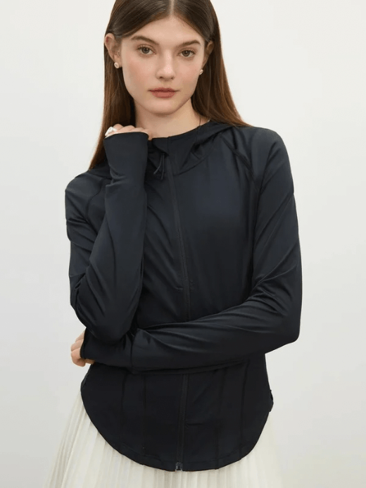 Women’s UPF50+ Cool Slim Wide-waisted Hooded Sun Protection long sleeves zipper close zip-up side pockets outwear Clothing Summer Sports Cycling Anti-UV Tops Thin Coat Jacket for woman in black Womens fitness sportswear activewear Vacation holiday getaway beachwear outerwear #25FS12388