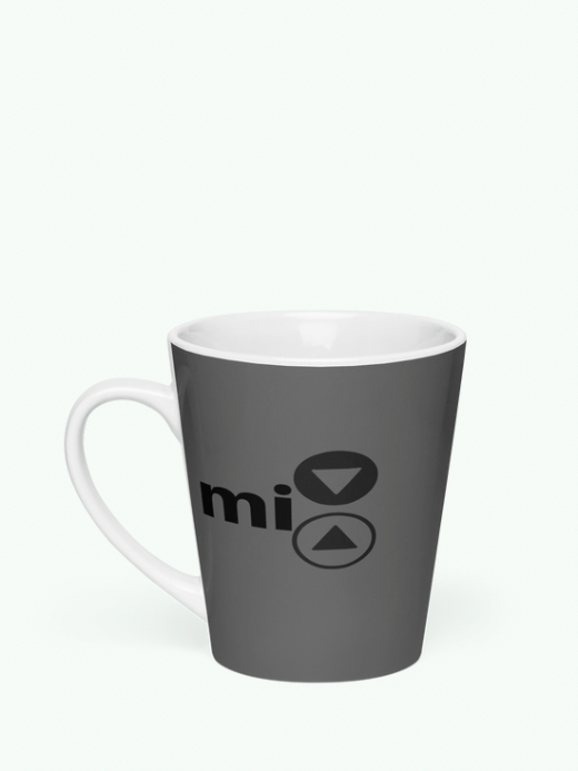 mi Latte Mug miteigi mi Fest Gig festival gear ceramic mugs in Gray grey with black logo design and handle 12. oz.