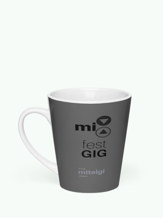 mi fest gig Latte Mug    miteigi mi Fest Gig festival gear ceramic mugs in Gray grey with black logo design and handle 12. oz.