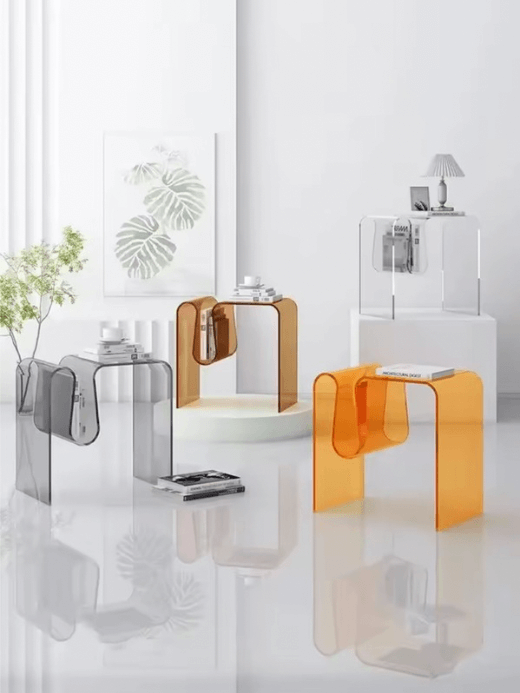 Acrylic Water Drop Coffee Living Room Center Nordic semi-transparent side minimalist table Minimalism Home decor Norway Scandinavia Scandinavian Norwegian Nordic style fashion Bedside Tables in Gray grey, Clear transparent, tan brown, orange colors