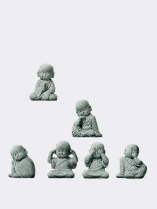 Baby Buddha Small Monks Miniature Japanese Thai Tea Tray Statue, Outdoors garden Art Sculpture home Decor ornament Gifts pray Contemplation Resting sleeping Hear See Speak No Evil Figurine Fengshui Ornaments gifting in Gray grey