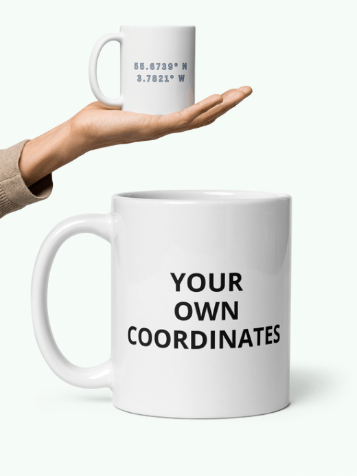 Create Your Own Coordinates LATITUDE° Mug       Shop creating your own location design drinks cup coffee, tea, juice, milk drinking cups GPS global positioning longitude and latitude map reference position numbers tumblers ceramics cartoon pattern in white with myst blue and light memories green design Gifting event ideas collections personalized pinpoint exact street spot world locations souvenirs collectors gifts mugs