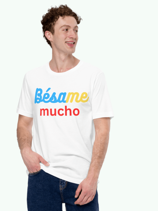 Men’s Women’s Letter Crewneck T-Shirt Genflex unisex 100% cotton short sleeves round O-neck Bésame Mucho (Kiss me much) letter print Tops for Man Woman in White, with pastel blue, yellow and red accent Mens Womens gender fluid neutral petite-, tall-, plus-, size crew neck t-shirts
