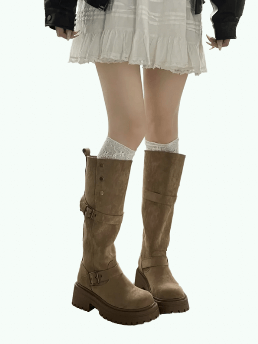 Women's fashion knee high buckle knight boots for woman in khaki brown Womens autumn and winter designer fashion boots footwear