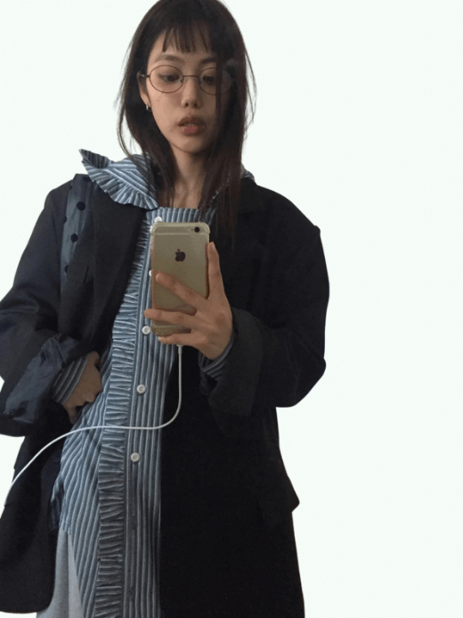 Women's Retro Ear Mushroom Korean flounce Ruffles Collar button-up hooded Stripe Shirt for woman in blue with white Womens striped ruffled Spring Loose fit long sleeves Coat Versatile Casual Sle hood Hat Included Shirts