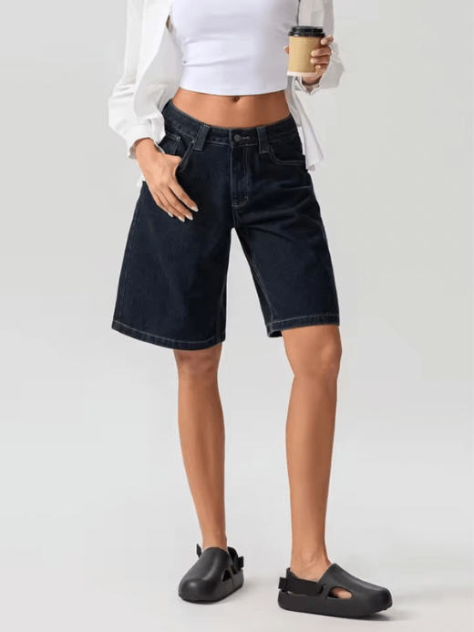 Women's loose Denim solid color low rise waist zipper button close wide leg Shorts with five (5) Pockets for woman in royal blue Womens petite-, tall-, plus-, size Summer casual jeans mid length pants vacation holiday getaway streetwear