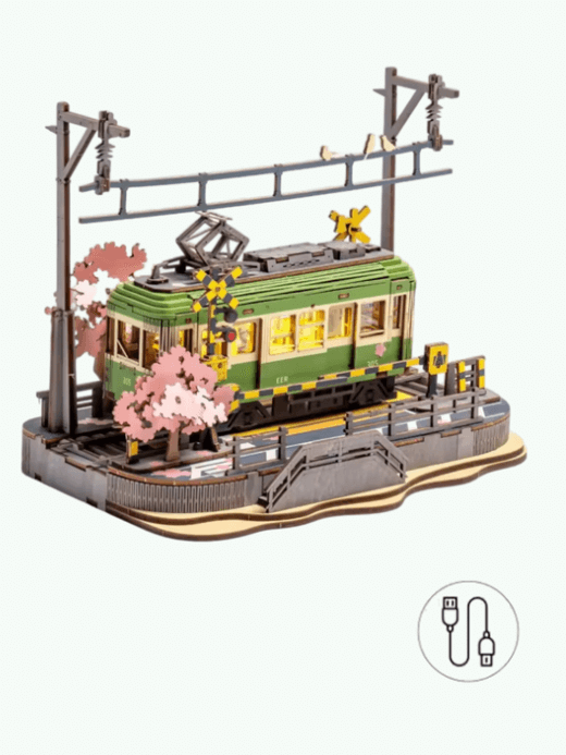 Sakura Tram with LED Lights 3D Wooden Puzzles Japanese DIY crafts Home decorative objects  gift for Adults Kids Children model kits