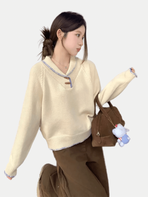 Women’s woman womens Loose long sleeves knitwear Autumn Fall Winter Spring turn-down duffle button-up Doll Collar tall-, plus-, size color block Casual Korean Sle sweaters in cream beige with blue trim accent color