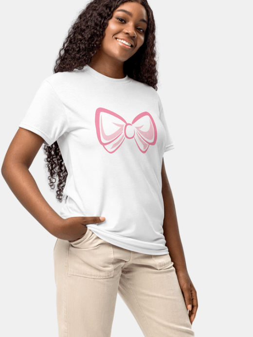 Women’s woman womens petite-, tall-, plus-, size DryBlend® short sleeves crewneck pink bow graphic cotton-blend white color round O-neck T-Shirt Summer vacation holiday getaway crew neck sports fitness activewear T-shirts