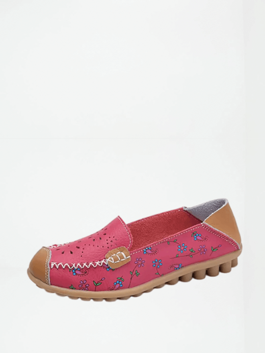 Women’s woman womens Boho bohemia Genuine Leather cutouts patchwork bohemian floral design print Mom Comfortable Appliqués Sewing Flats Casual Summer petite-, tall-, plus-, size flowers pattern ballet flats footwear shoes in rose red with multi