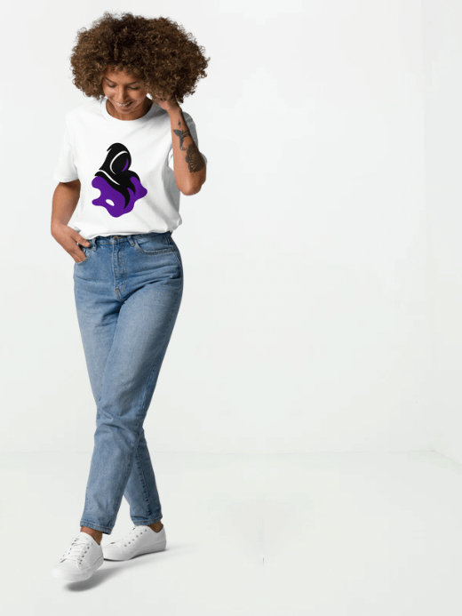 Women’s woman womens Hug Organic Cotton T-Shirt  Crewneck short sleeves 100% organic cotton loose fit graphic print round O-neck tops petite-, tall-, plus-, size crew neck t-shirts in White with black purple accent color