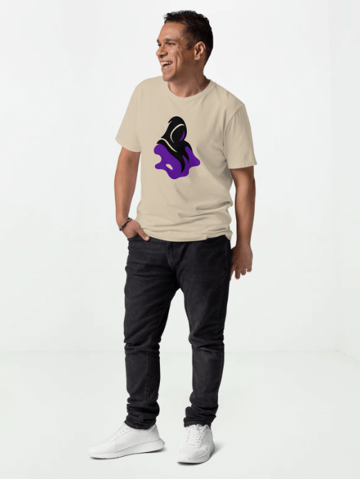 Men’s man mens Hug Organic Cotton T-Shirt  Crewneck short sleeves 100% organic cotton loose fit graphic print round O-neck tops petite-, tall-, plus-, size crew neck t-shirts in Desert dust beige with black purple accent color