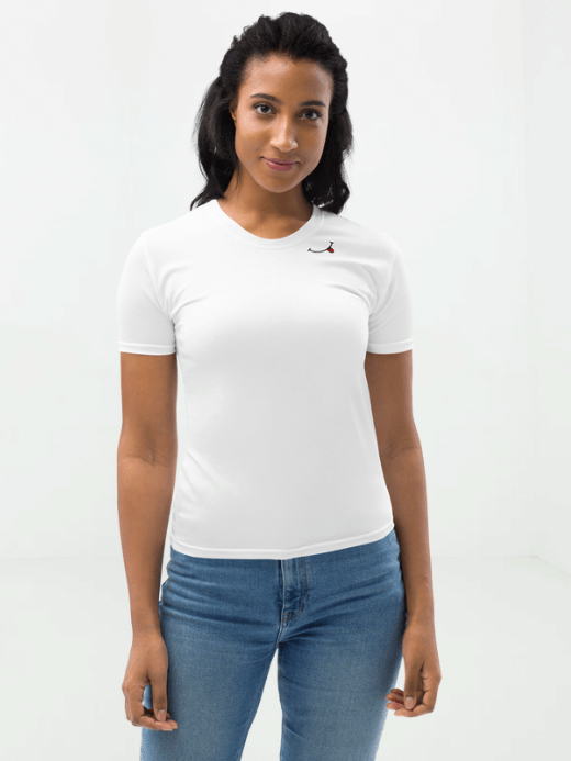 Women’s woman womens Graphic Cheeky Crewneck short sleeves relaxed fit T-Shirt crew neck top Petite-, tall_, plus-, size round O-neck tops tees in white with black smile red tongue print