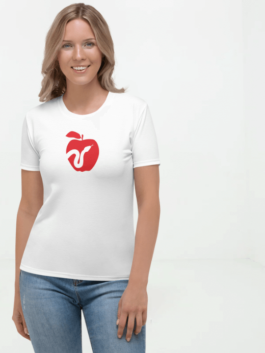 Women’s woman womens Graphic Apple Crewneck short sleeves relaxed fit T-Shirt crew neck top Petite-, tall-, plus-, size round O-neck tops tees in white with red Apple and silhouette snake print T-shirts