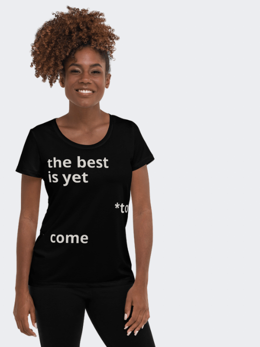 Women’s woman womens Crewneck short-sleeves relaxed fit  Letter Print Athletic T-Shirt black crew neck top Petite-, tall-, plus-, size round O-neck tops tees in black with “the best is yet *to come” Letter print white accent T-shirts