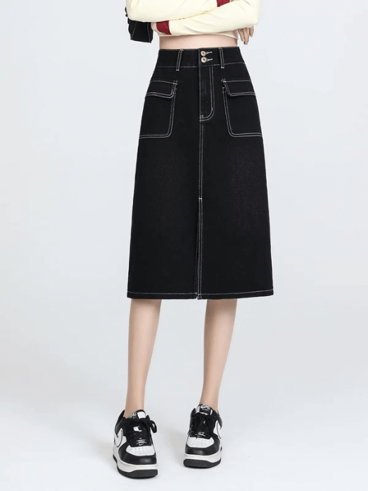 Women’s woman womens Ultra-Elastic Diagonal Denim Mini Skirt Spring Fashion Cotton Knitted A- Line Zip button fly & five- pockets Pure Color Patchwork petite-, tall-  plus-, size skirts in black