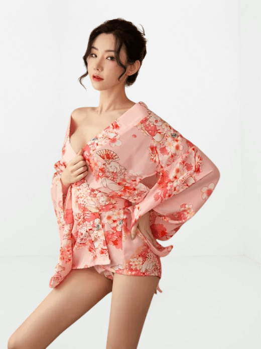 Women’s woman womens Japanese Kawaii Pink Sakura Print Short Belt with Bow Sexy Cosplay Women Traditional Style Yukata Robe Outfits lingerie loungewear Kimono