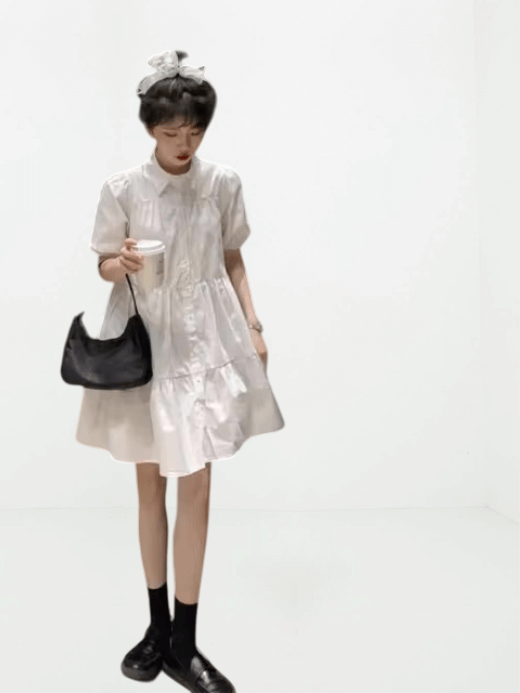 Women‘s woman womens Solid Baggy pleated Vestidos Fashion Simple All-match Female Lovely Casual turn-down point collar button-up short sleeves patchwork folds pleats mid-calf shirt-dress Tender Streetwear Students Summer holiday vacation getaway petite-, tall-, plus-, size Prevalent Shirtdress dresses in white