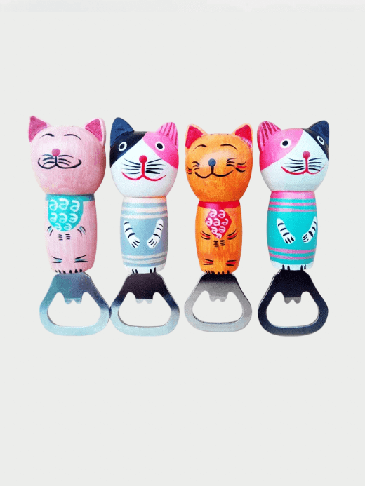 Japanese Creative Balinese Cat Wooden Multifunctional Cartoon Cat Beer Bottle Opener Magnetic Refrigerator magnets accessory Stickers Ornaments bottles Openers Bar accessories tools in Cyan blue, Gray grey, Light powder pink natural wood, Yellow