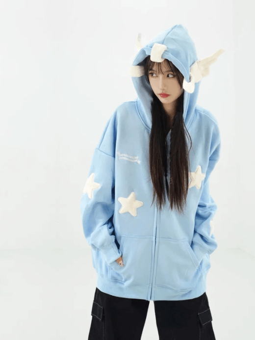 Women’s woman womens petite-, tall-, plus-, size Japanese Kawaii Wing Hooded stars long sleeves kanga pouch pocket ribbed accent hem Zipper up close Star Loose Sweatshirt Cardigan Oversized Coat Y2K Sweet Cute Fall Autumn Spring fashion hoodies sweatshirts in blue