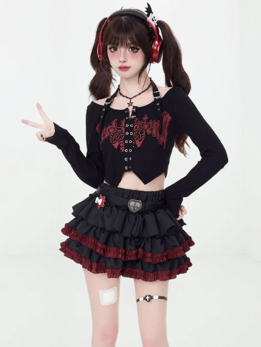 Women’s woman womens petite-  tall-, plus-, size Y2k Summer Black with red trim Gothic steampunk A-Line empire waistline Pleated ruffled Harajuku Vintage 90s Aesthetic Kawaii Skirt 2000s Clothes pleats folds ruffles Mini Skirts