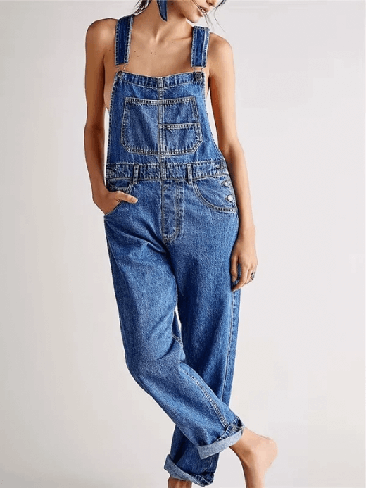Women’s woman womens petite-, tall-, plus-, size Fashion Overall Loose Fit Classic Bib Casual Jean adjustable straps five-pocket Stretchy Denim Overalls romper Jumpsuit Tapered Leg Jean Pants in dark deep blue