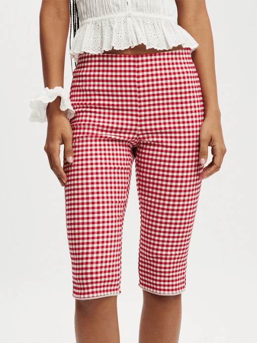 Women’s woman womens petite-, tall-, plus-, size Y2k Knee Length plaid checkered Graphic Print Cropped Leggings Low Elastic Waist lace hem at knee Bottoms Capri Pants Vacation holiday getaway Going Out Trousers in red white