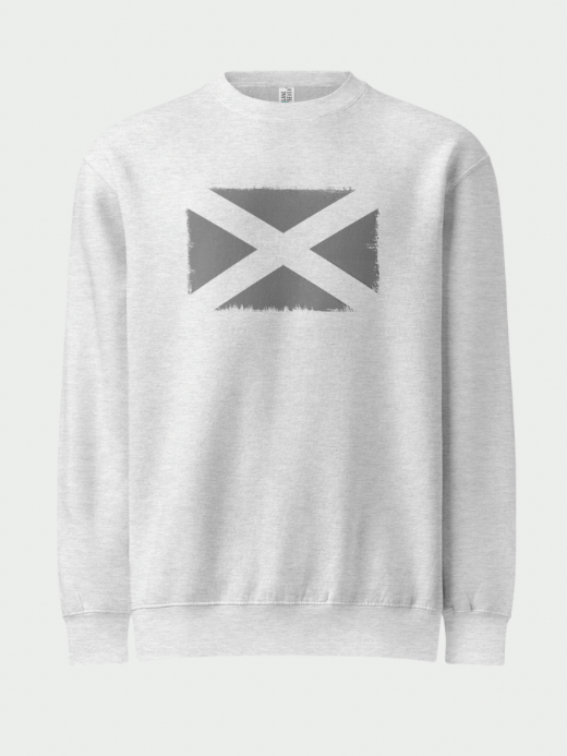 Lane Seven x miteigi Crewneck Sweatshirt gray      Genderful genflex gender neutral unisex anywear petite-, tall-, plus-, size fleece cotton-blend Women’s Men's Long Sleeves o-neck casual solid color womens mens crew neck round Tops Activewear crewneck sweatshirts man woman tees in white with Gray-, grey-, color distressed Scottish Scotland country flag graphic print at front Fitness sports eco-friendly sportswear in Heather Gray