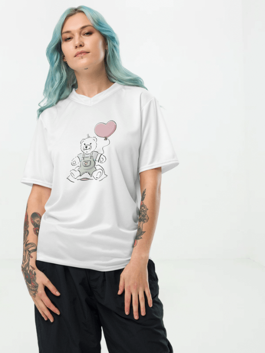 Women’s woman womens white Crewneck short-sleeves relaxed fit Recycled crew neck top Petite-, tall-, plus-, size round O-neck tops tees in white pastel teddy bear with balloon accent print Graphic Oversized T-Shirt white vacation holiday getaway T-shirts