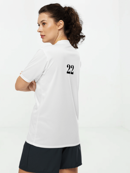 Genflex gender neutral genderful Women’s woman womens white Crewneck short-sleeves relaxed fit Recycled crew neck top Petite-, tall-, plus-, size round O-neck tops tees in white with black number 22 accent Graphic on back Letter Print Oversized T-Shirt white vacation holiday getaway sports fitness activewear sportswear T-shirts